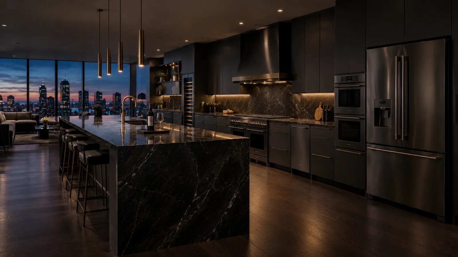 Black cabinetry, built-in appliances and a marble island in a softly lit luxury kitchen at early evening
